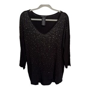 Black Design History Rhinestone Embellished V-Neck Top Missy XL Holiday shimmer
